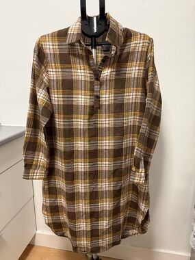 Brown Plaid Tunic Shirt Dress Long Sleeve Oversized Casual with Side Slits